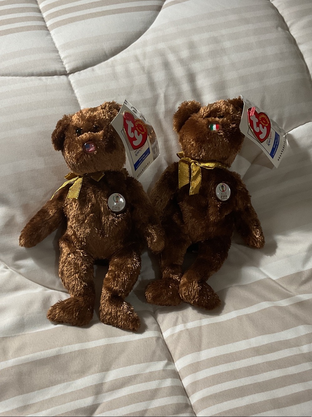 Ty Brown Plush Bear Pair with Gold Ribbon 2002 FIFA WORLD CUP
